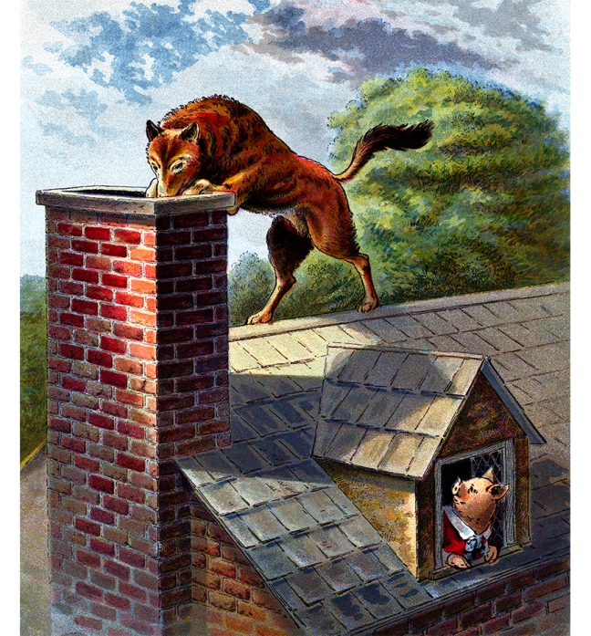 Illustration:  Then the wolf was very angry indeed, and declared he would eat up the little pig, and he would get down the chimney after him.     The Story of The Three Little Pigs.  McLoughlin Bro’s: New York. Ca 1900.
